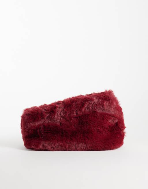 ASOS DESIGN asymmetric clutch in burgundy fur, 4 of 4