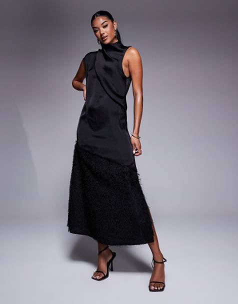 ASOS DESIGN asymmetric column fringe hem satin midi dress in black - view 1