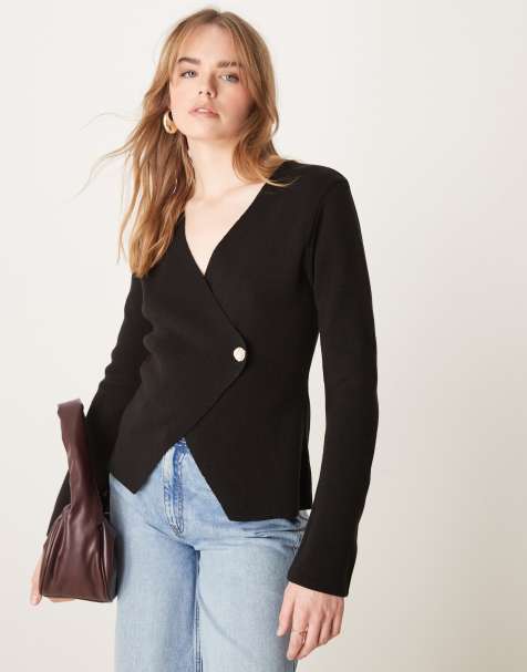 ASOS DESIGN asymmetric compact knit cardigan with large button in black - view 1