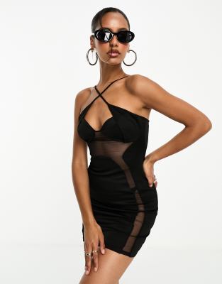 Asos Design Asymmetric Contour Mesh Mini Dress In Black