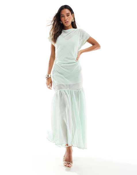 ASOS DESIGN asymmetric contrast sleeve band maxi dress in mint - view 1
