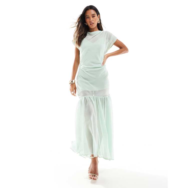 ASOS DESIGN asymmetric contrast sleeve band maxi dress in mint | ASOS