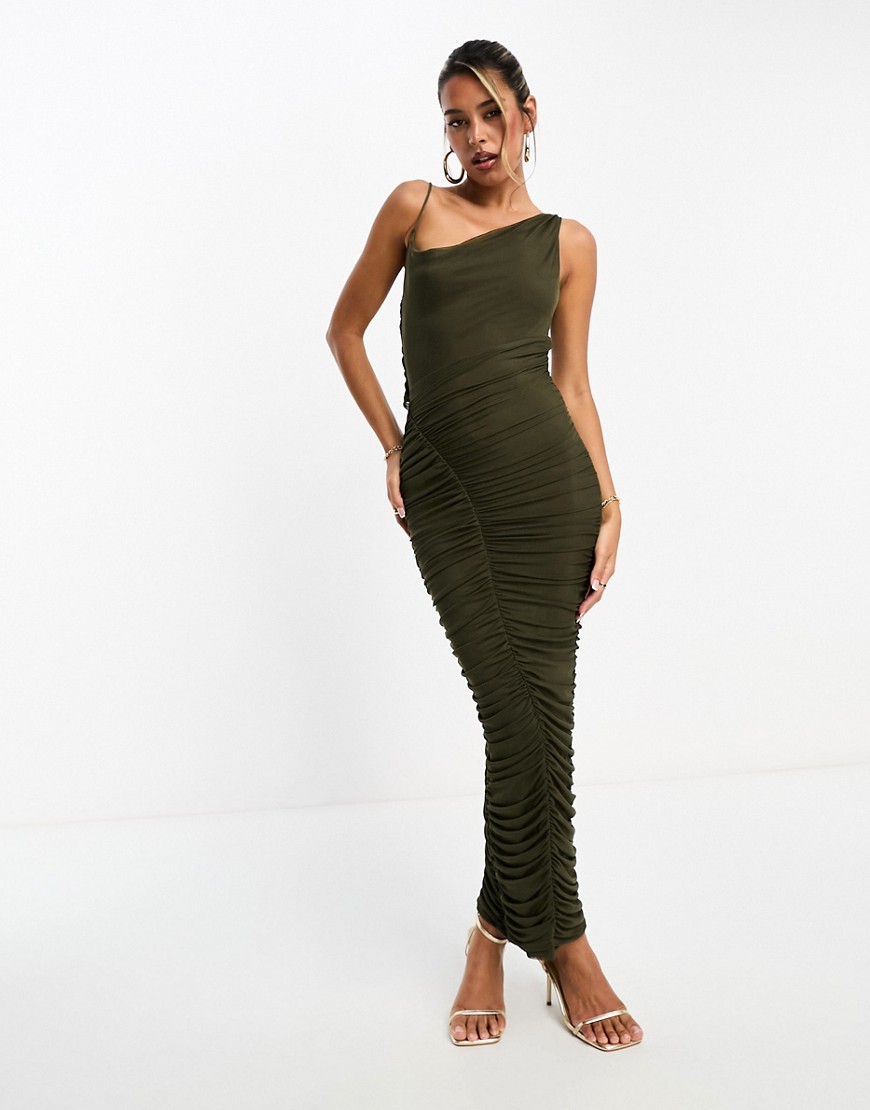 ASOS DESIGN asymmetric cowl cami midi dress with diagonally ruched skirt in khaki-Multi