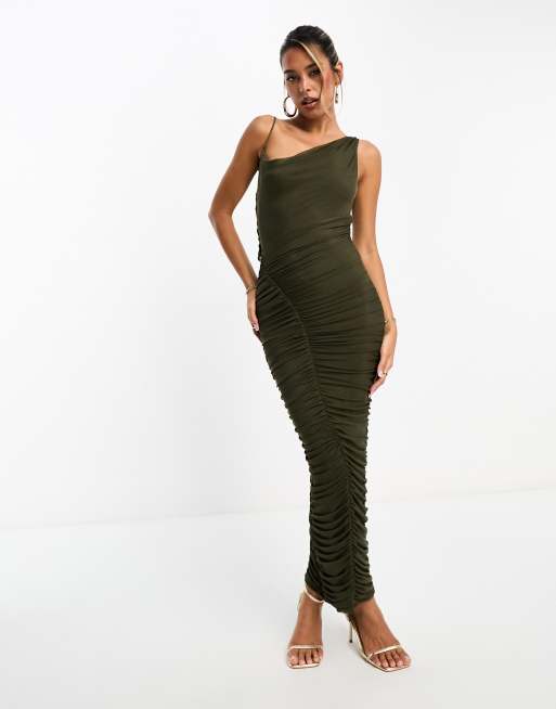 ASOS DESIGN sleeveless high neck maxi dress with ruched skirt in khaki