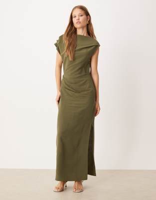asymmetric cowl front midi dress in khaki-Green