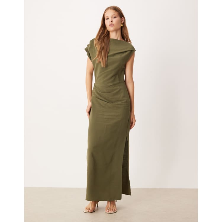 ASOS DESIGN asymmetric cowl front midi dress in khaki | ASOS