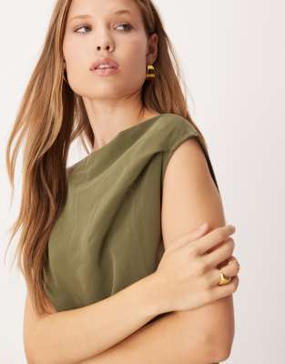 Asos Design Asymmetric Cowl Front Midi Dress In Green