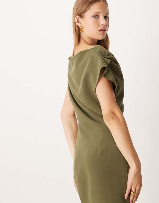 ASOS DESIGN asymmetric cowl front midi dress in khaki | ASOS