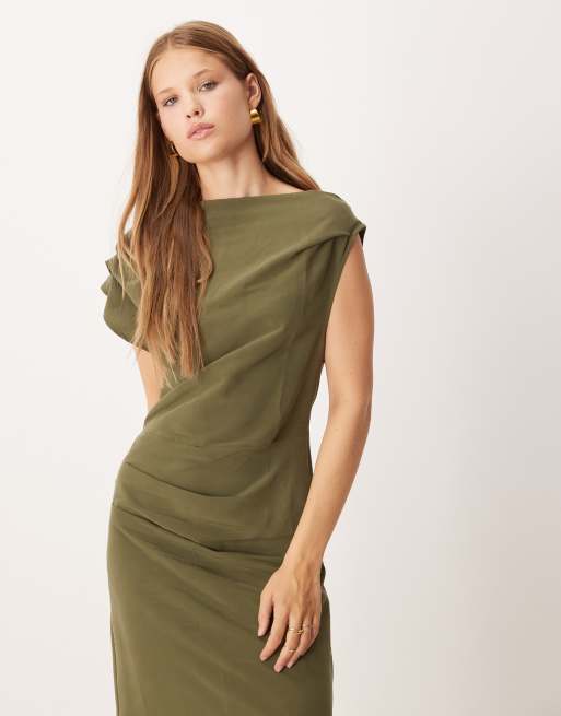 white christmas dresses Draped Asymmetric Cowl-Neck Dress XL / Green / Polyester main image 0