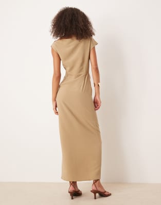 Asos Design Asymmetric Cowl Front Midi Dress In Brown