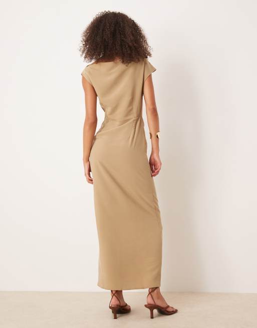 ASOS DESIGN asymmetric cowl front midi dress in stone, 2 of 4