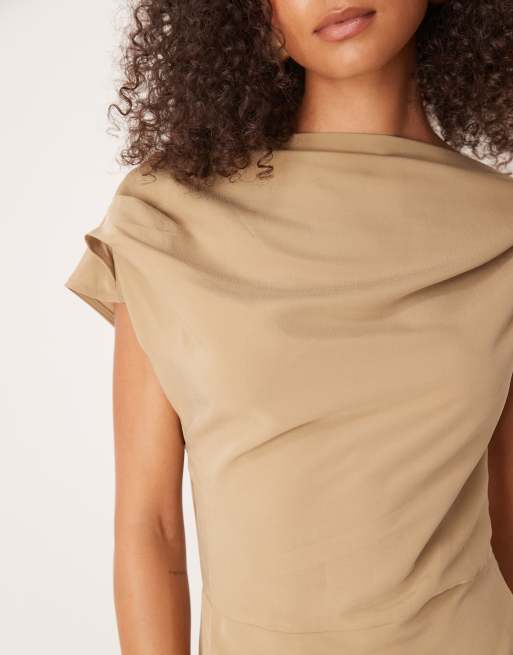 ASOS DESIGN asymmetric cowl front midi dress in stone, 3 of 4