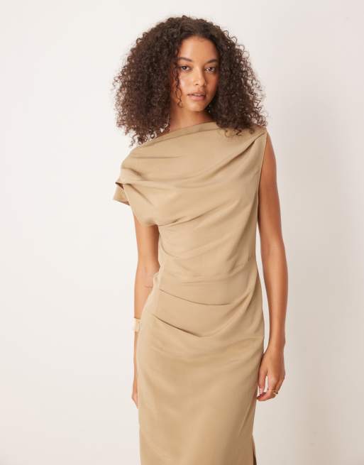 ASOS DESIGN asymmetric cowl front midi dress in stone, 4 of 4