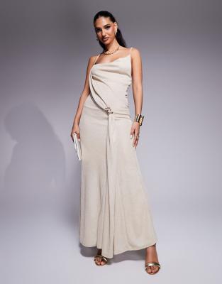 Asos Design Asymmetric Cowl Neck Chainmail Maxi Dress With Full Hem In Gold