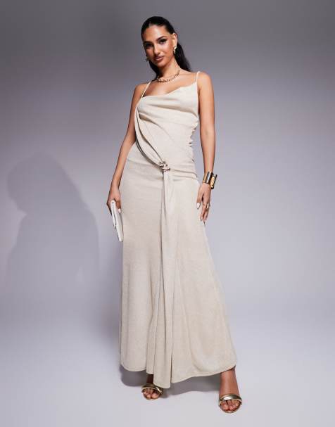 ASOS DESIGN asymmetric cowl neck chainmail maxi dress with full hem in gold - view 1