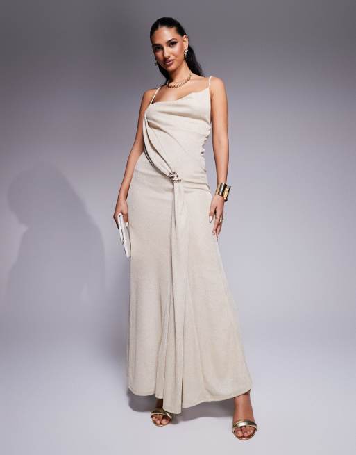 ASOS Design Asymmetric Cowl Neck Chainmail Maxi Dress with Full Hem in Gold