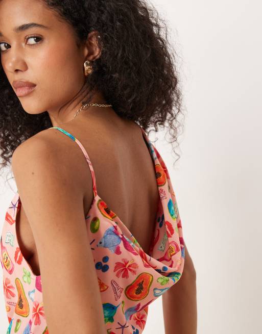 ASOS DESIGN asymmetric cowl neck mini dress in pink postcard print, 2 of 4
