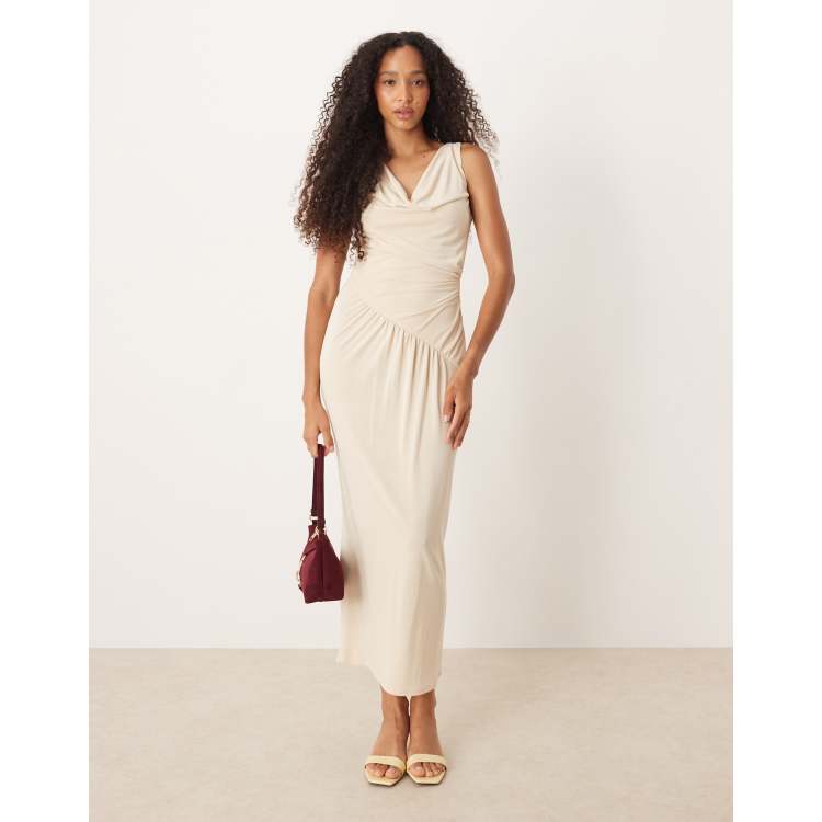 white crinkle texture ruched cowl neck midi dress UNIQUE 21 Gathered Side Satin Cowl Neck Mini Dress -Ladies Side Ruched  Silky Slip Camisole Midi Dresses (6, White) at Amazon Women's Clothing store