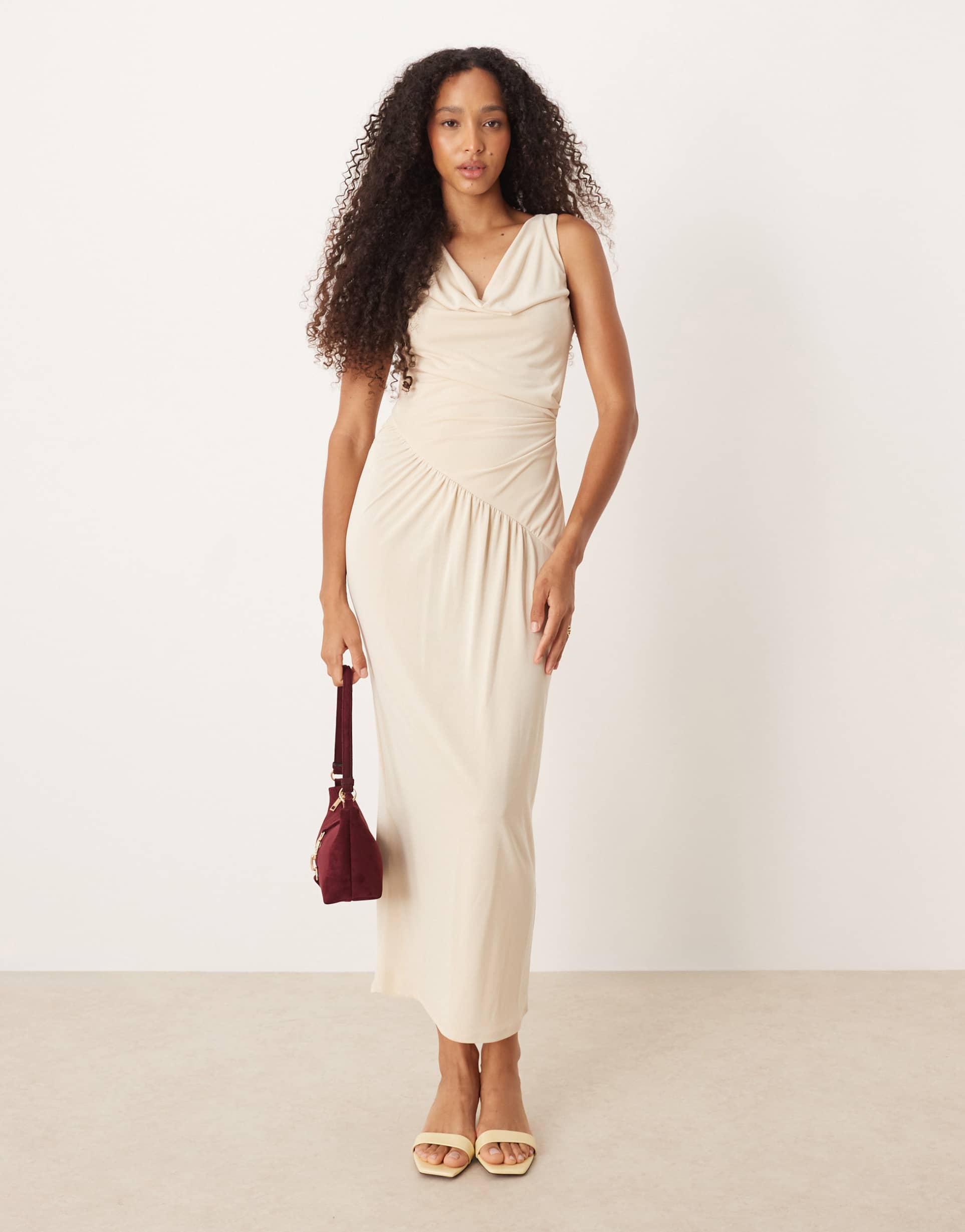 asos design asymmetric cowl neck ruched midi dress in cream