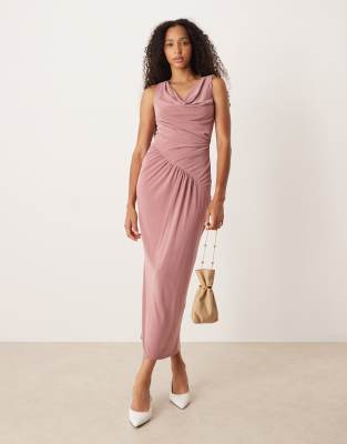 Asos Design Asymmetric Cowl Neck Ruched Midi Dress In Pink