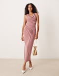 [ASOS DESIGN] ASOS DESIGN asymmetric cowl neck ruched midi dress in pink 12 Dusky Rose