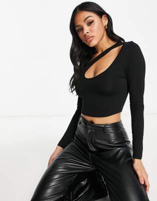 ASOS DESIGN asymmetric crop top with long sleeve and keyhole in black, Compare