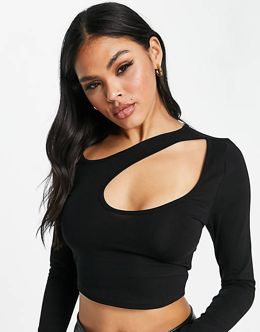 ASOS DESIGN asymmetric crop top with long sleeve and keyhole in