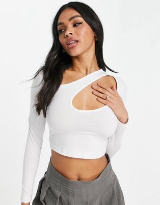 ASOS DESIGN asymmetric crop top with long sleeve and keyhole in white