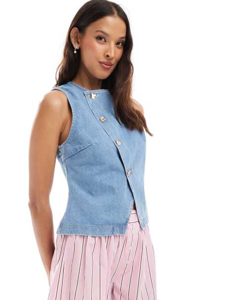 ASOS DESIGN asymmetric cross front top with gold buttons in light mid blue - view 1