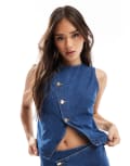 [ASOS DESIGN] ASOS DESIGN asymmetric cross front top with gold buttons in mid blue (part of a set) XS Blue