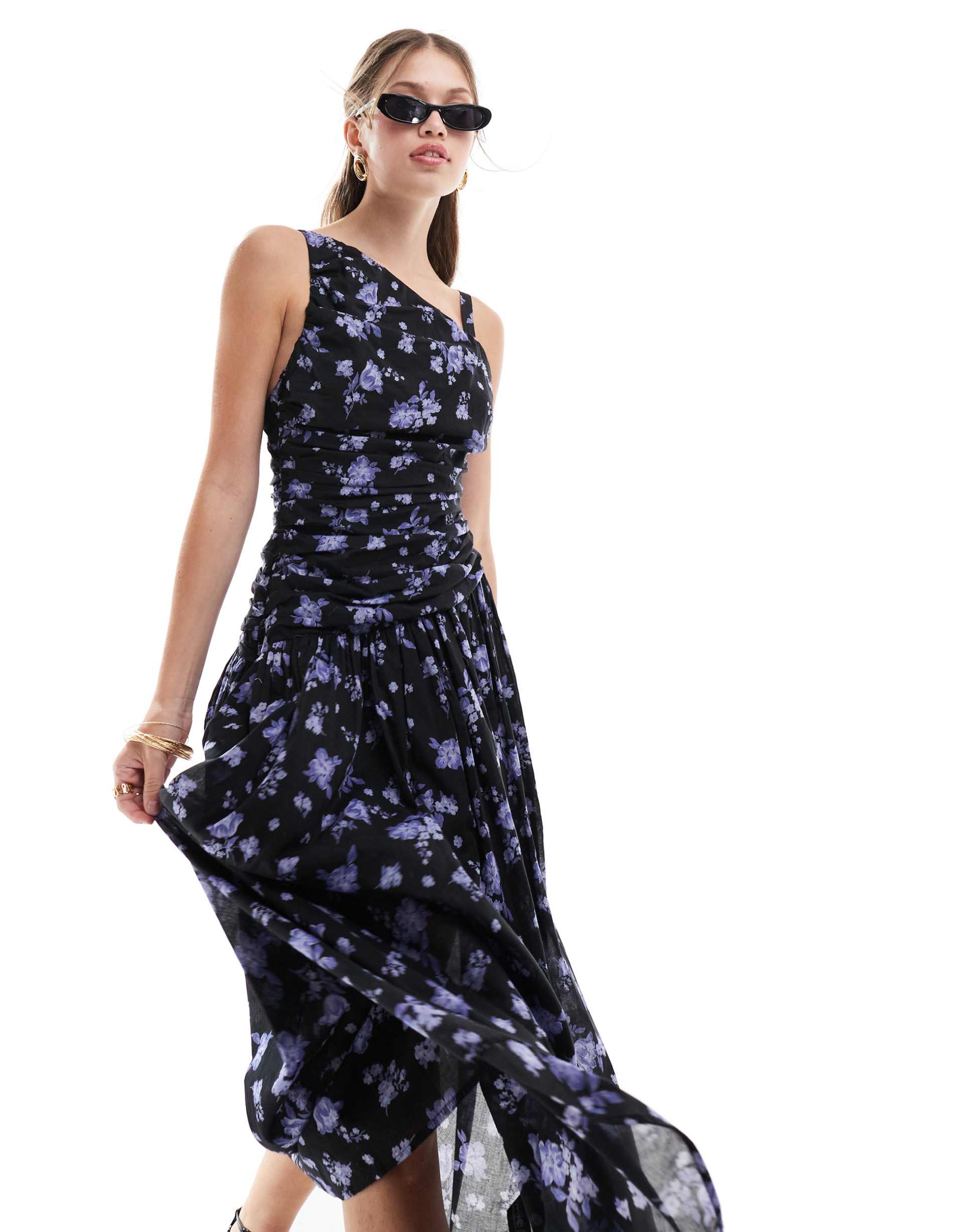 asos design asymmetric cross strap midi dress in dark floral