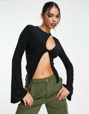 ASOS DESIGN asymmetric cut away chest long sleeve top in black  - ASOS Price Checker