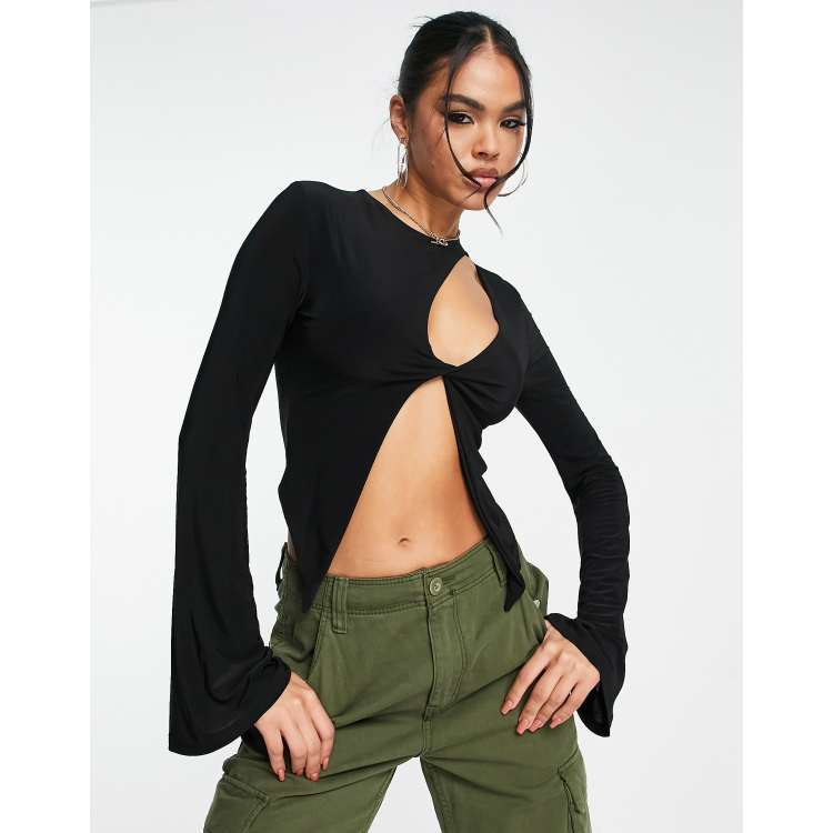 ASOS DESIGN strappy asymmetric cut out crop top in black