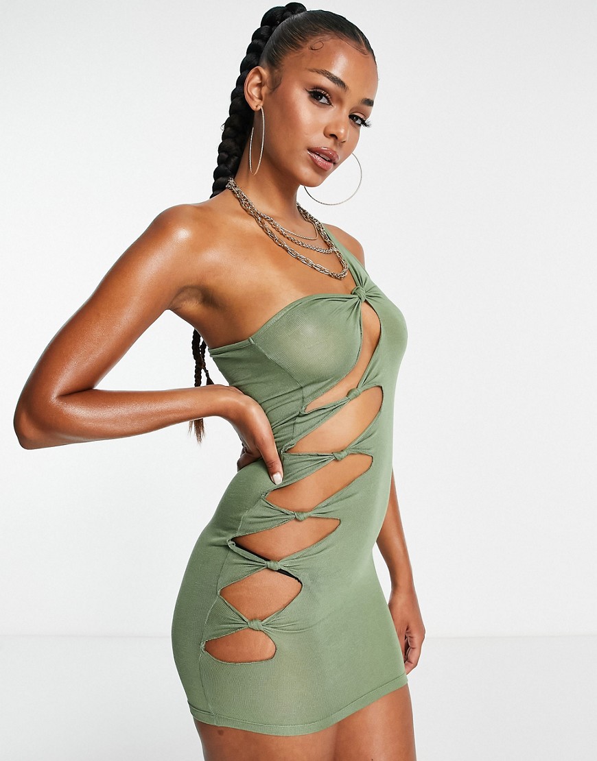 ASOS DESIGN asymmetric cut out jersey mini beach dress in khaki-Green