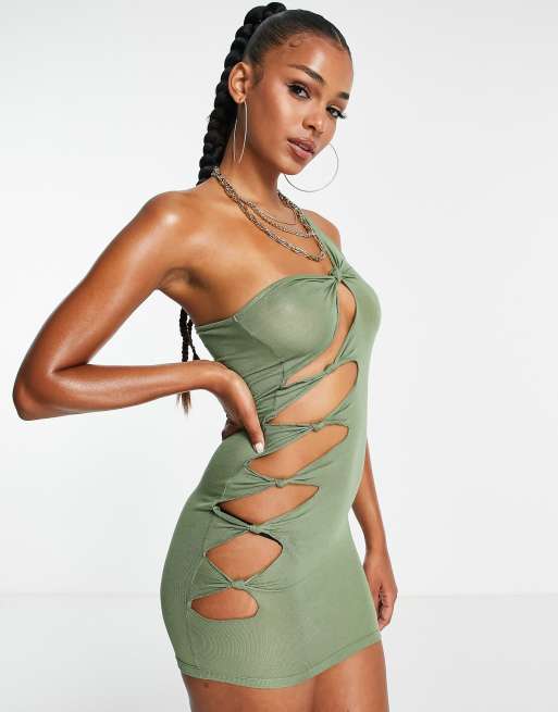 ASOS DESIGN asymmetric cut out jersey mini beach dress in khaki