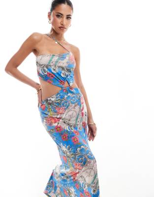 Asos Design Asymmetric Cut-out Maxi Dress With Hardware Detail In Postcard Print-multi