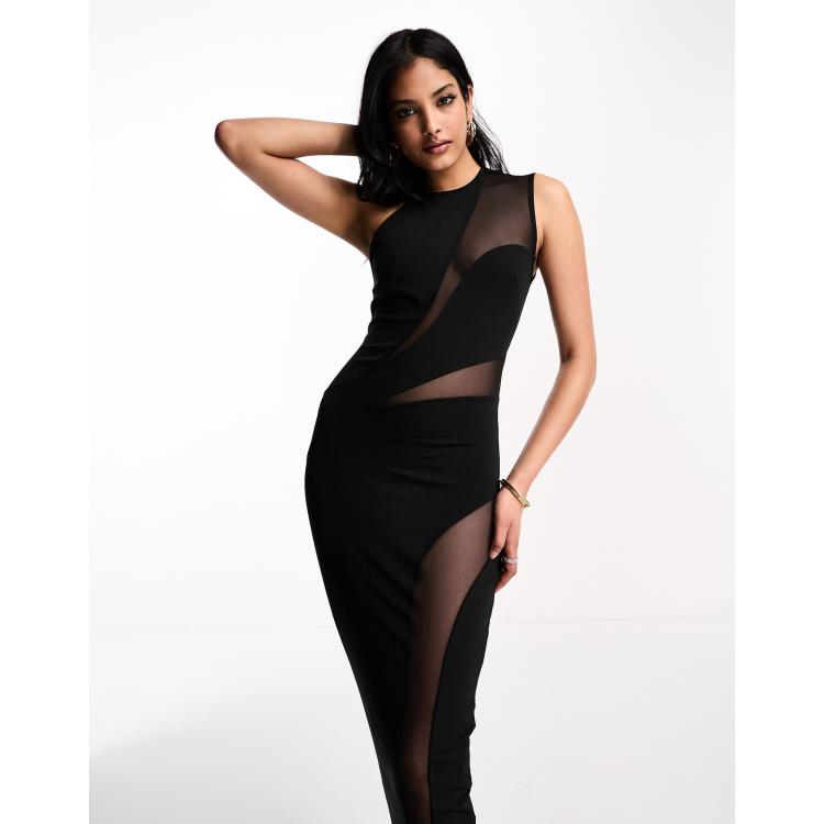 ASOS DESIGN asymmetric cut out mesh midi dress in black