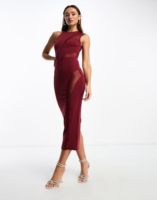 ASOS DESIGN asymmetric cut-out mesh midi dress in red