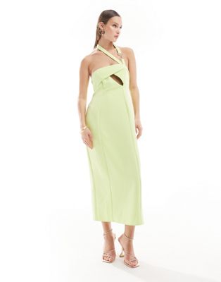 ASOS DESIGN asymmetric cut out midi dress with hardware detail in lime