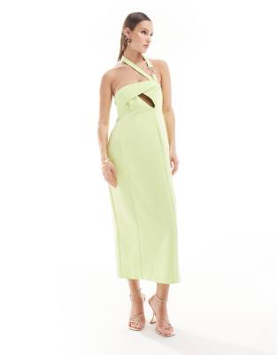 ASOS DESIGN asymmetric cut out midi dress with hardware detail in lime