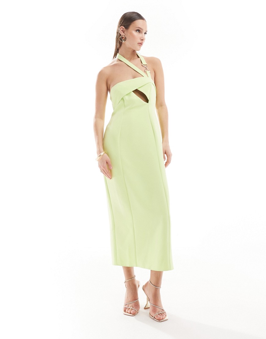 Asos Design Asymmetric Cut Out Midi Dress With Hardware Detail In Lime-green