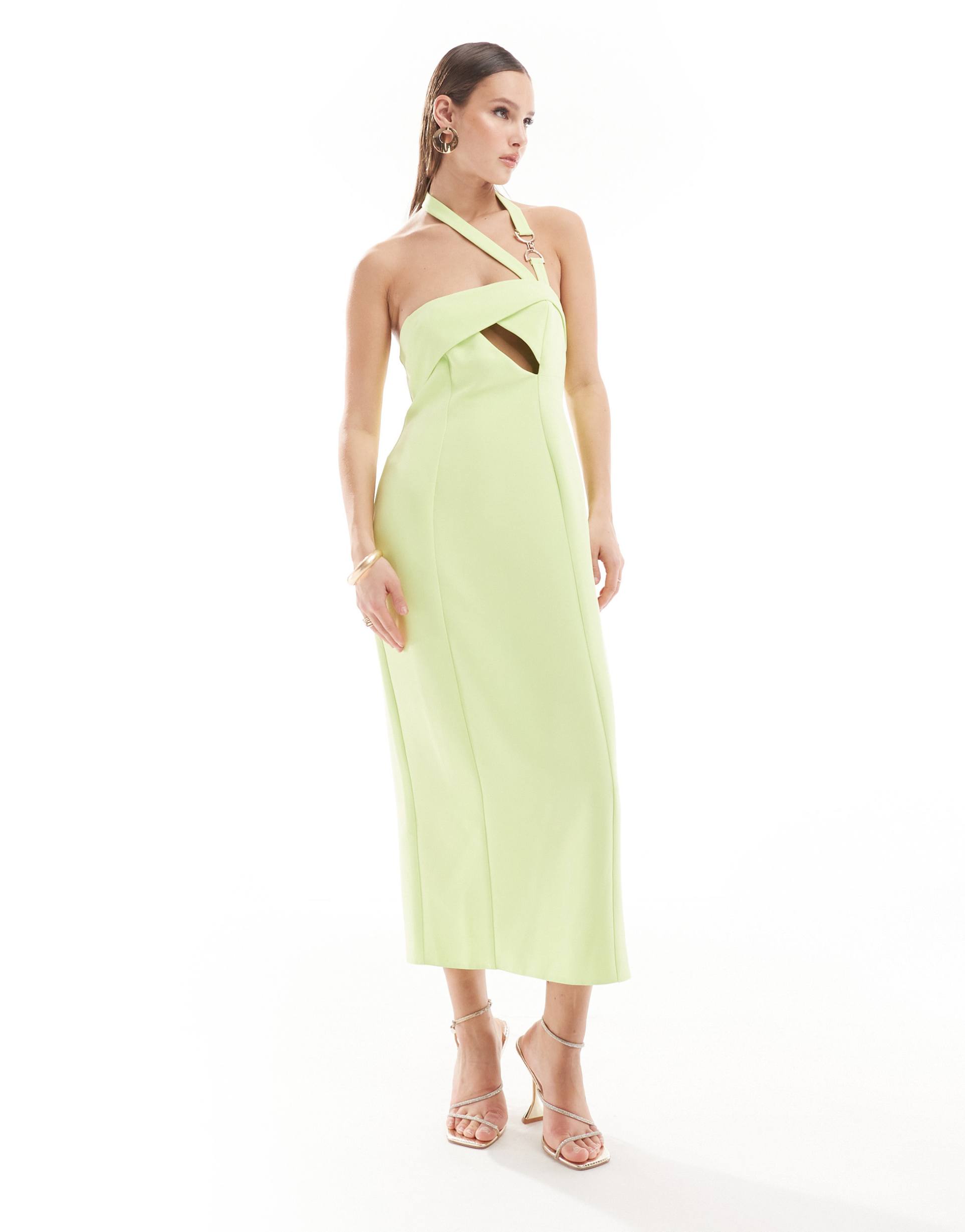 asos design asymmetric cut out midi dress with hardware detail in lime