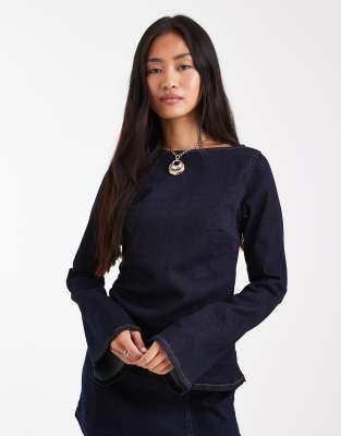 Asos Design Asymmetric Denim Top With Angel Sleeve And Gathered Waist In Blue