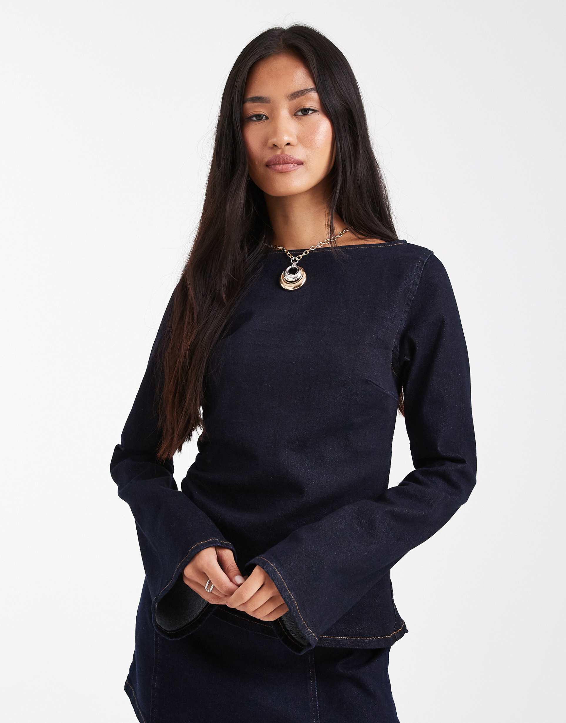 asos design asymmetric denim top with angel sleeve and gathered waist in rinse wash