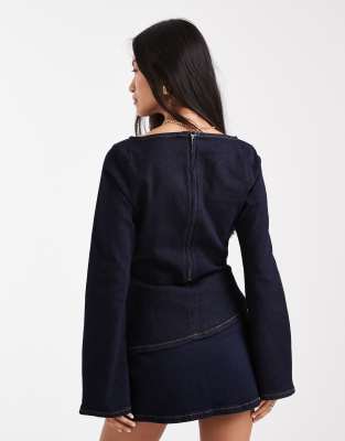Asos Design Asymmetric Denim Top With Angel Sleeve And Gathered Waist In Blue