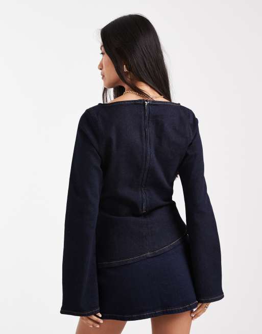 ASOS DESIGN asymmetric denim top with angel sleeve and gathered waist in rinse wash