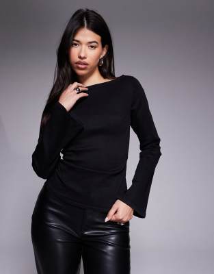 Asos Design Asymmetric Denim Top With Angel Sleeve And Gathered Waist In Black