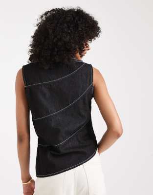 Asos Design Asymmetric Denim Top With Exposed Seams In Black