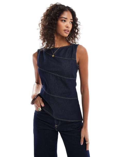 ASOS DESIGN asymmetric denim top with exposed seams in indigo - view 1