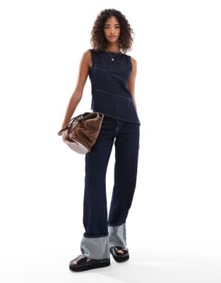 Asos Design Asymmetric Denim Top With Exposed Seams In Blue